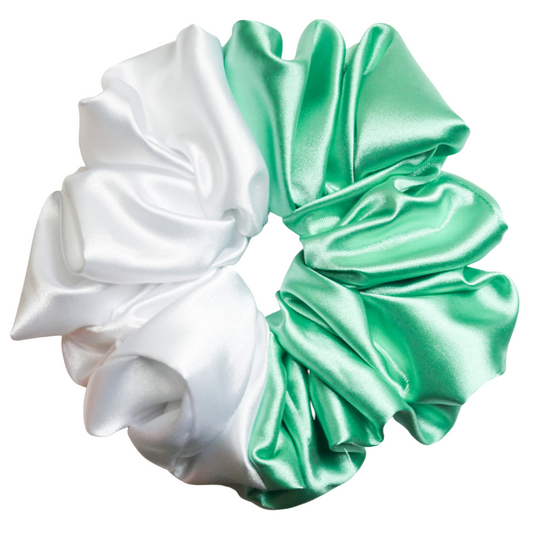 Aqua Green + White Satin Scrunchie