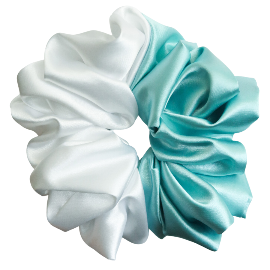 Aqua Blue + White Satin Scrunchie