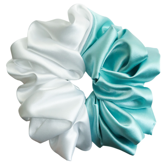 Aqua Blue + White Satin Scrunchie