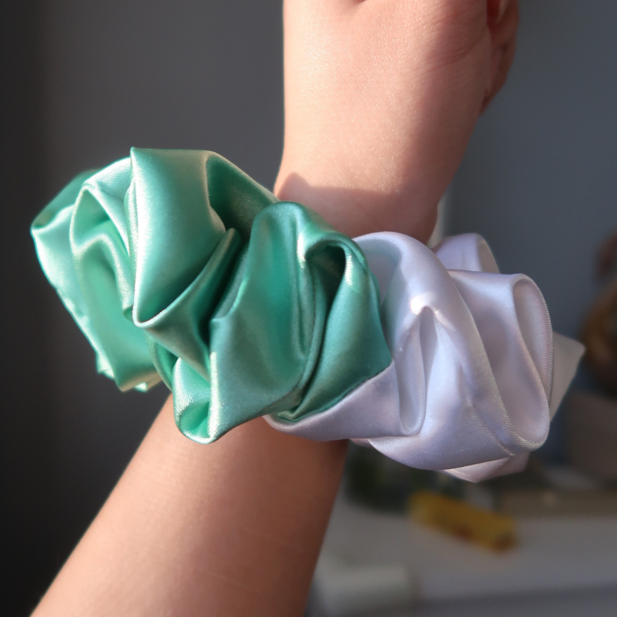 Aqua Green + White Satin Scrunchie