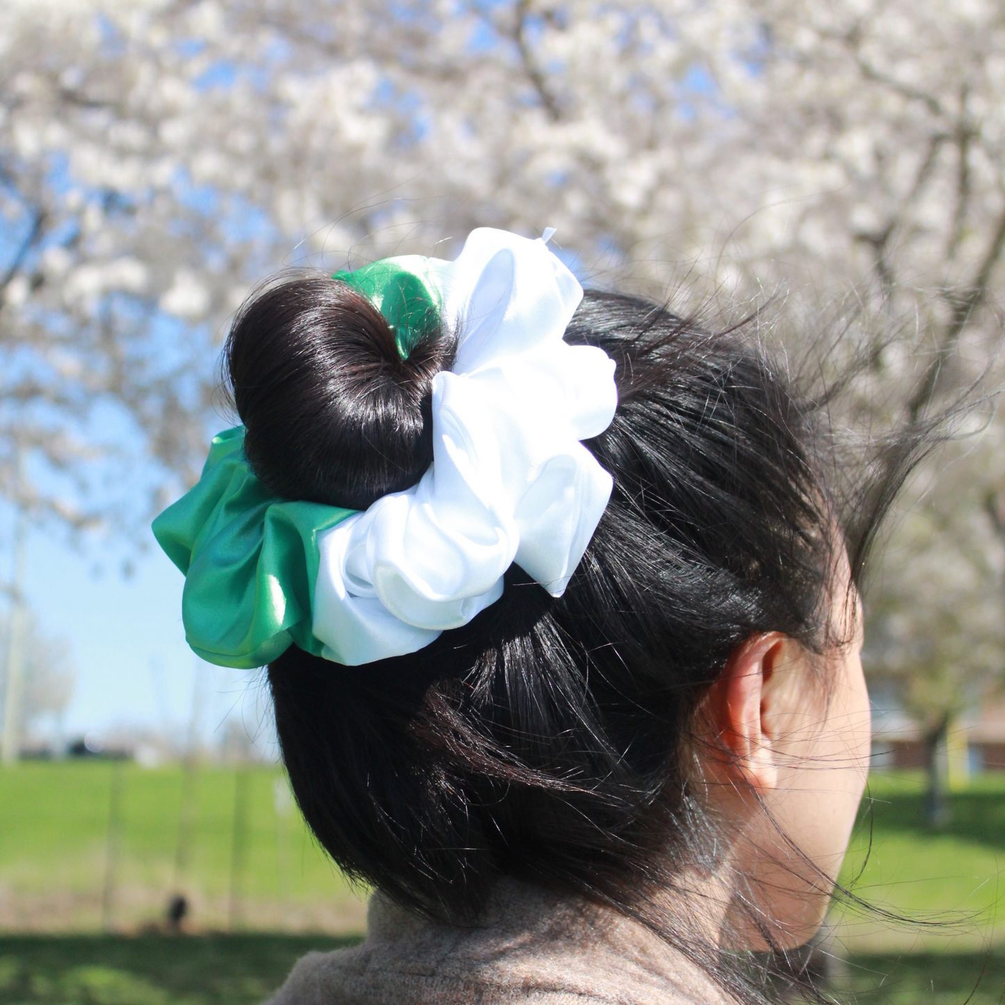 Aqua Green + White Satin Scrunchie