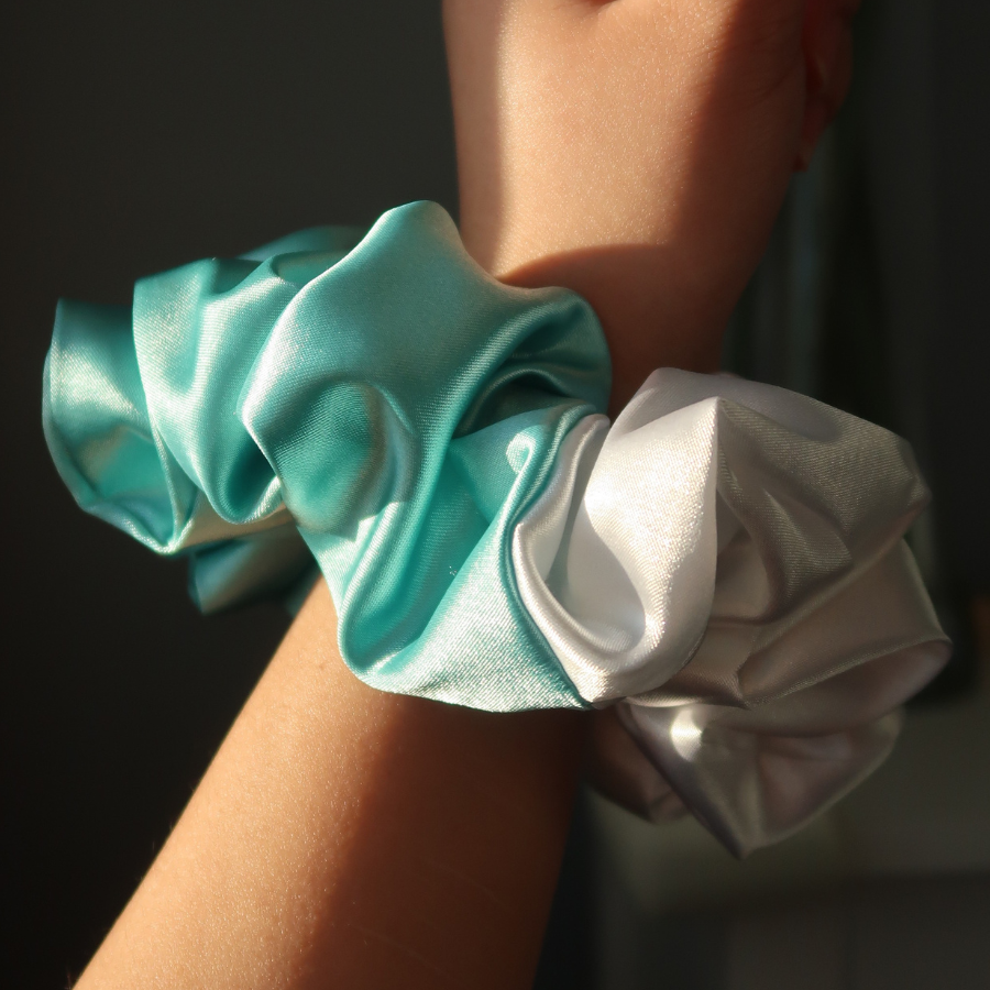 Aqua Blue + White Satin Scrunchie