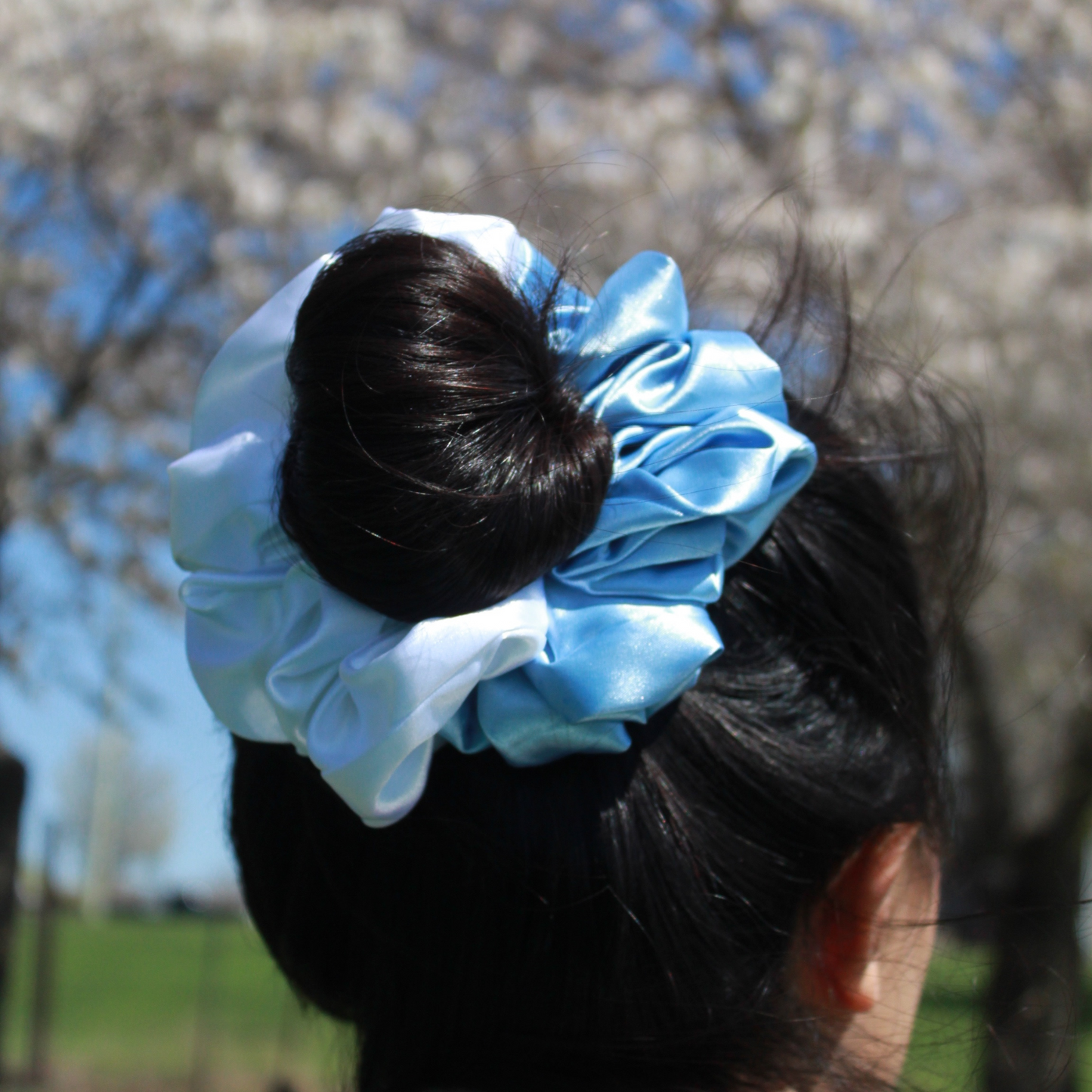 Light Blue + White Satin Scrunchie