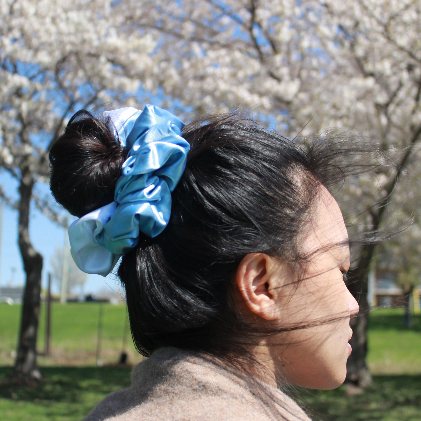 Light Blue + White Satin Scrunchie