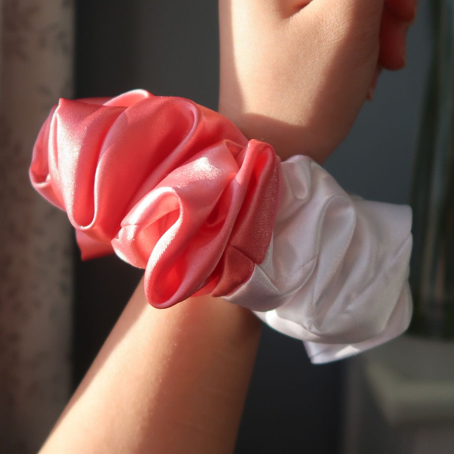 Coral + White Satin Scrunchie