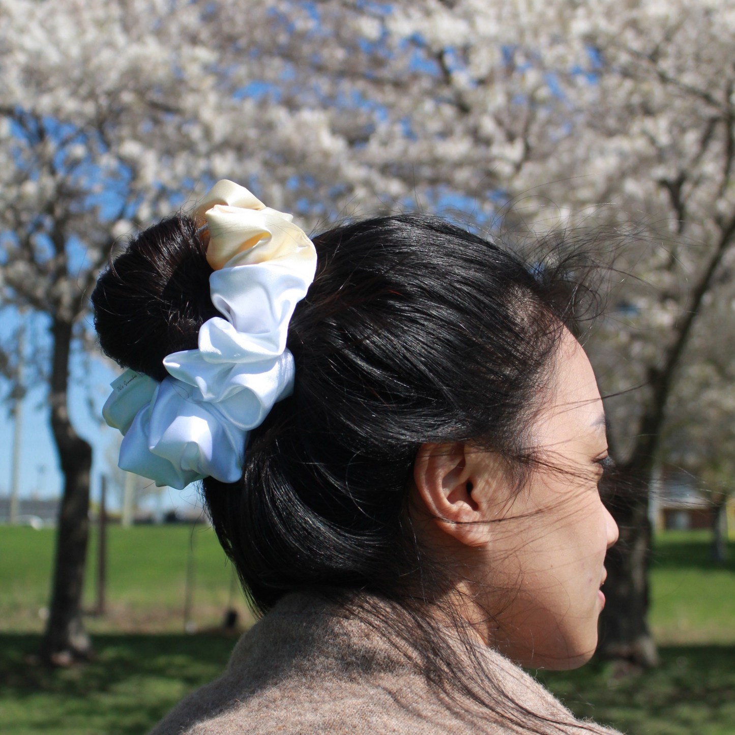 Beige + White Satin Scrunchie