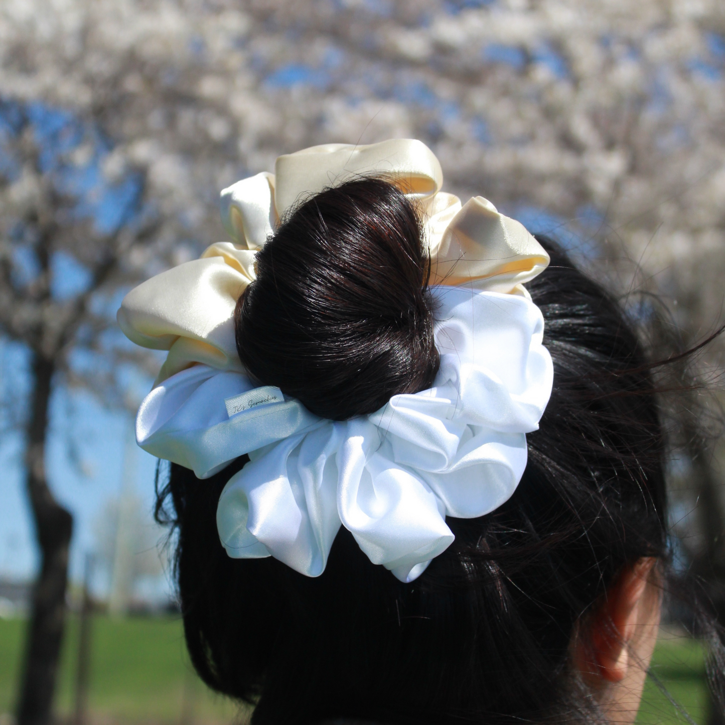 Beige + White Satin Scrunchie