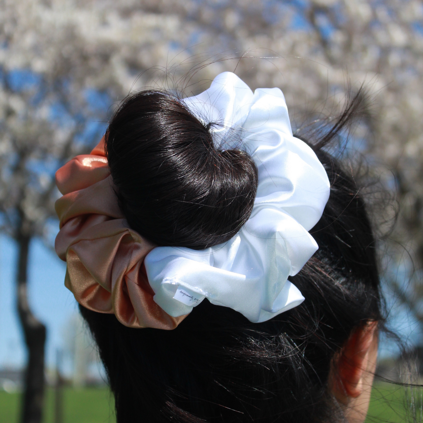 Peach + White Satin Scrunchie