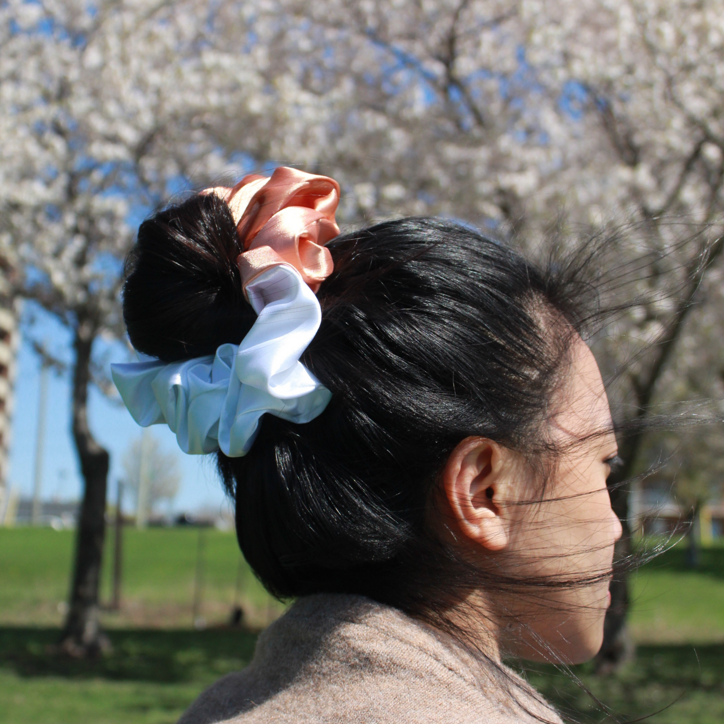 Peach + White Satin Scrunchie