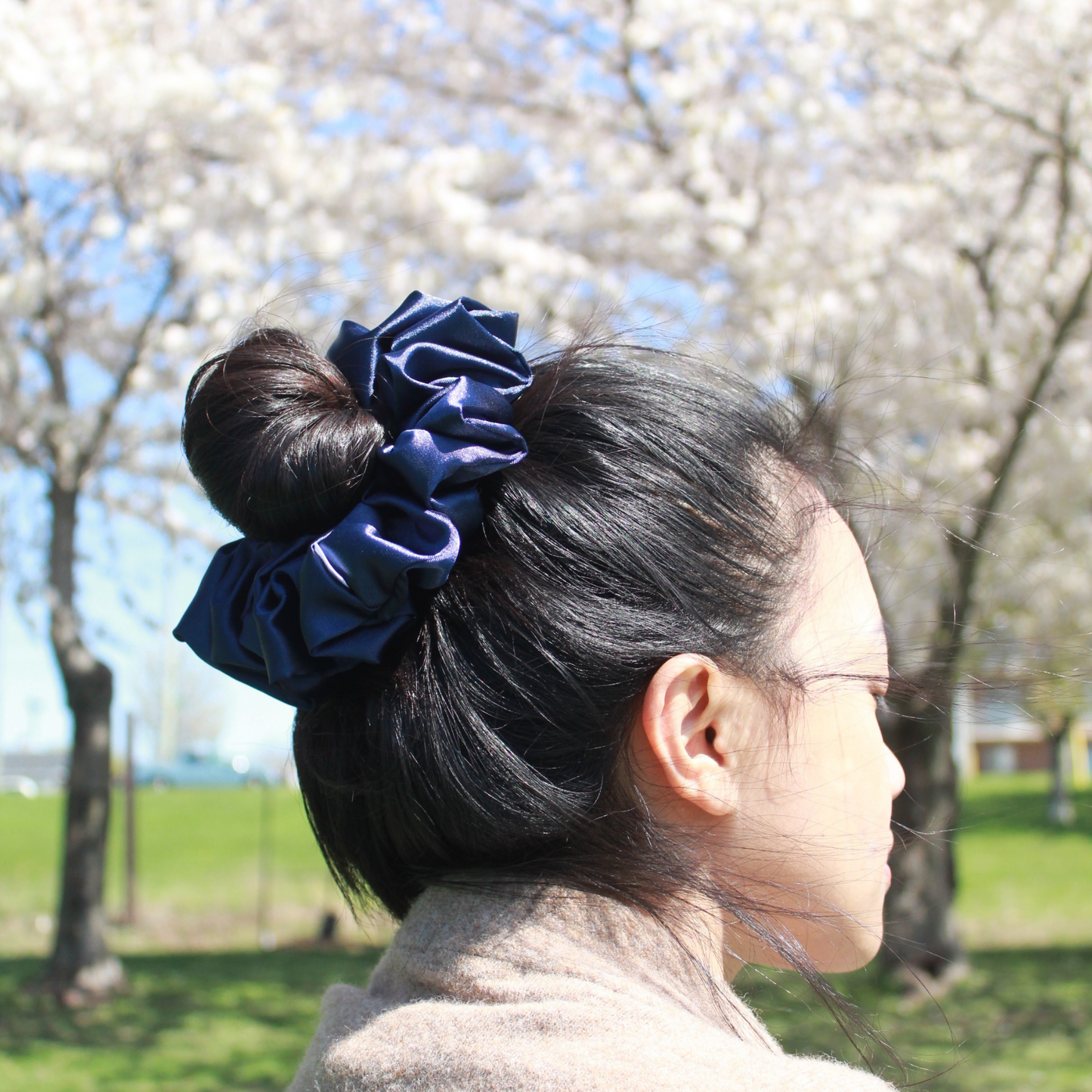 Navy Blue Satin Scrunchie