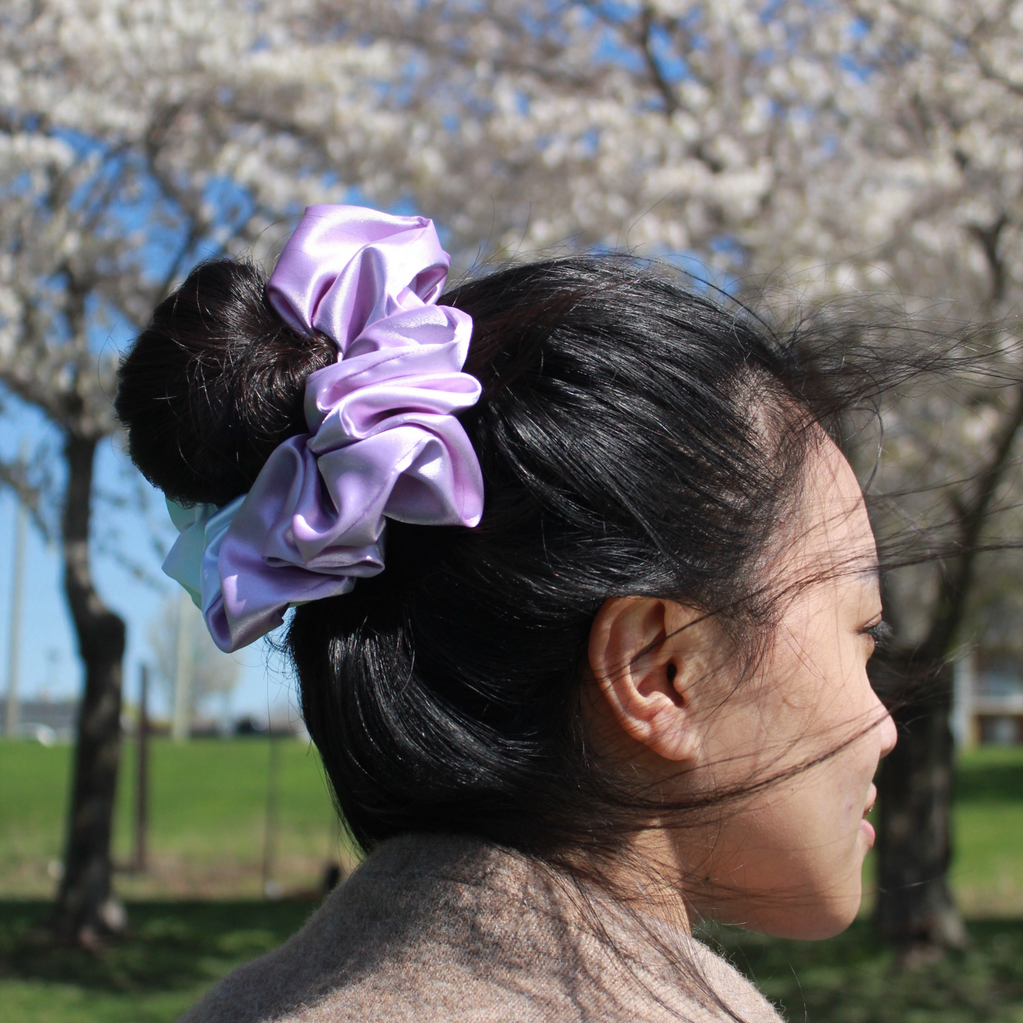 Lavender + White Satin Scrunchie