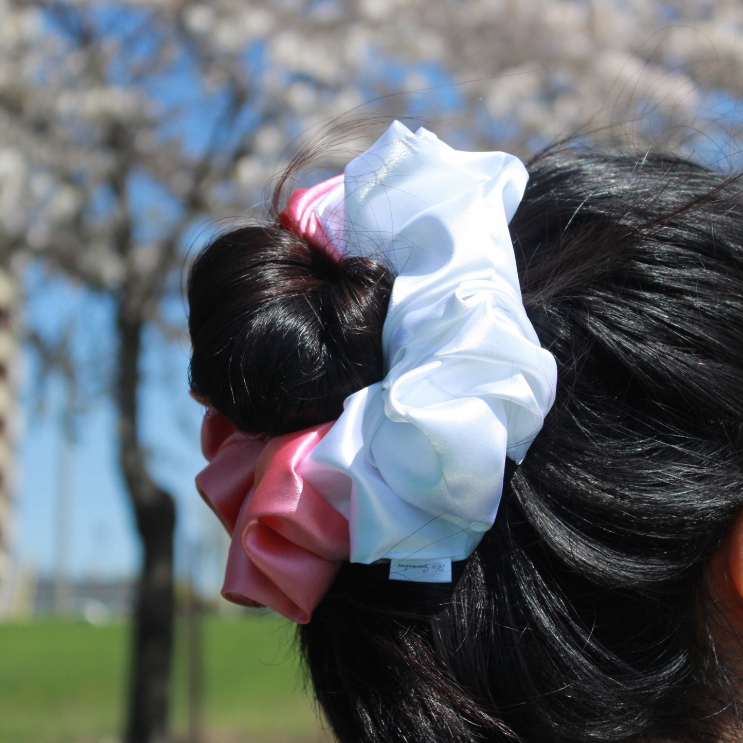 Coral + White Satin Scrunchie