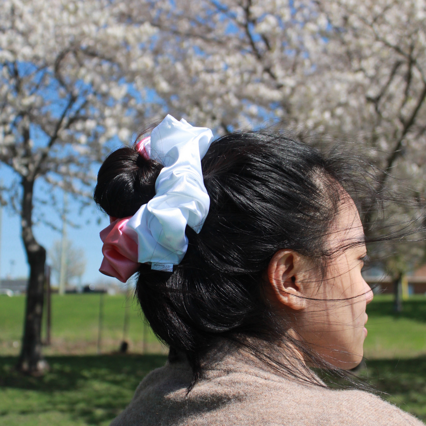 Coral + White Satin Scrunchie