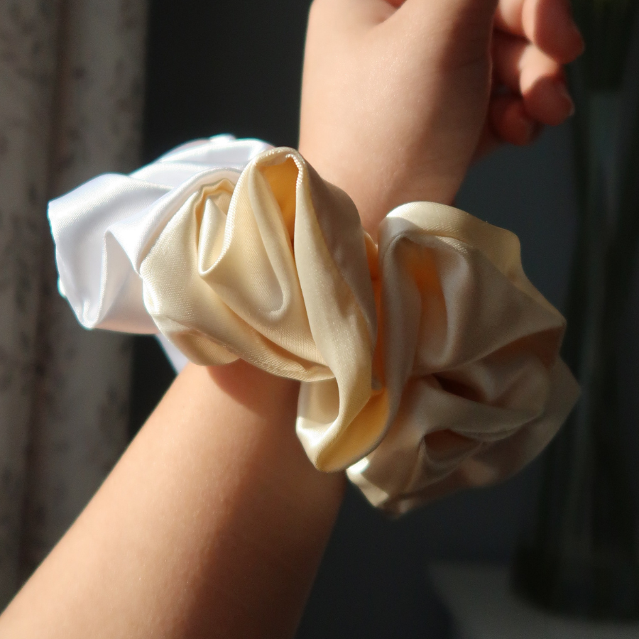 Beige + White Satin Scrunchie