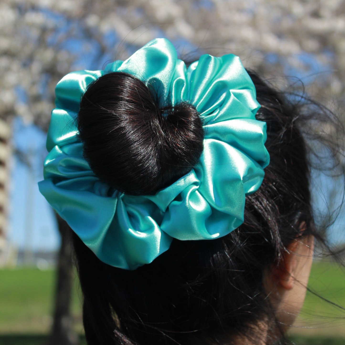 Aqua Blue Satin Scrunchie