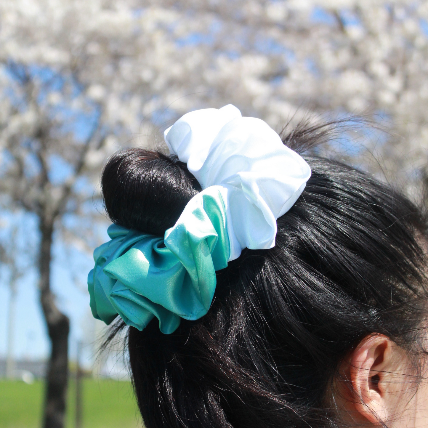 Aqua Blue + White Satin Scrunchie