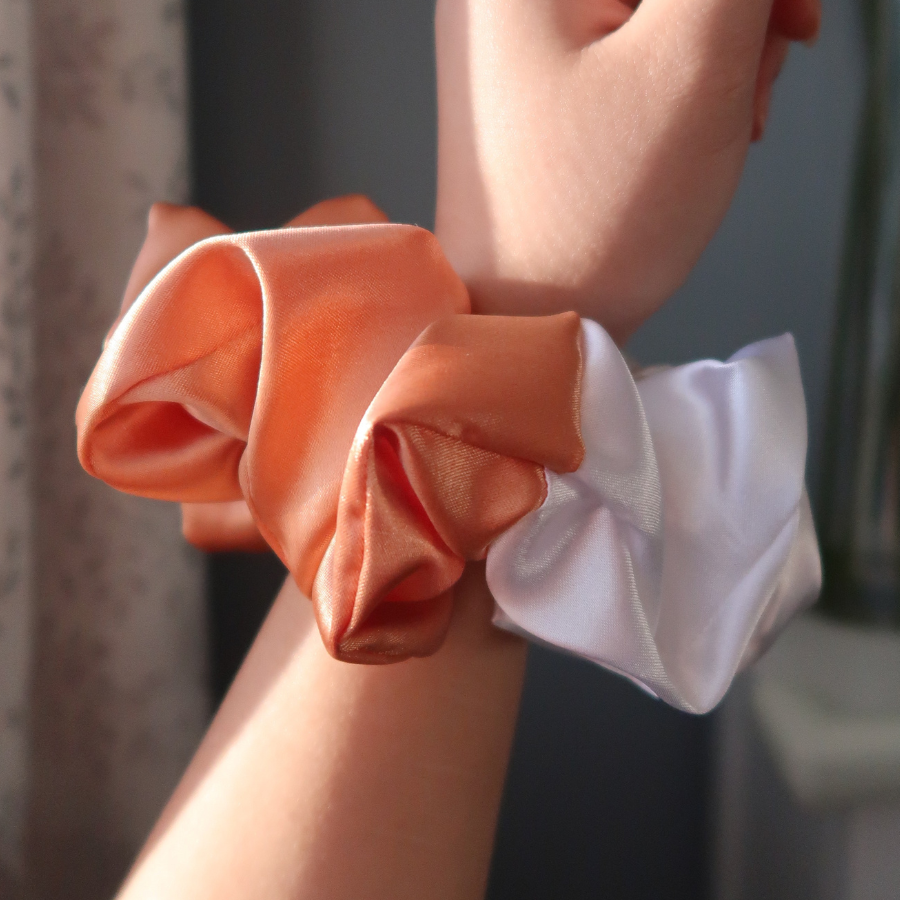 Peach + White Satin Scrunchie