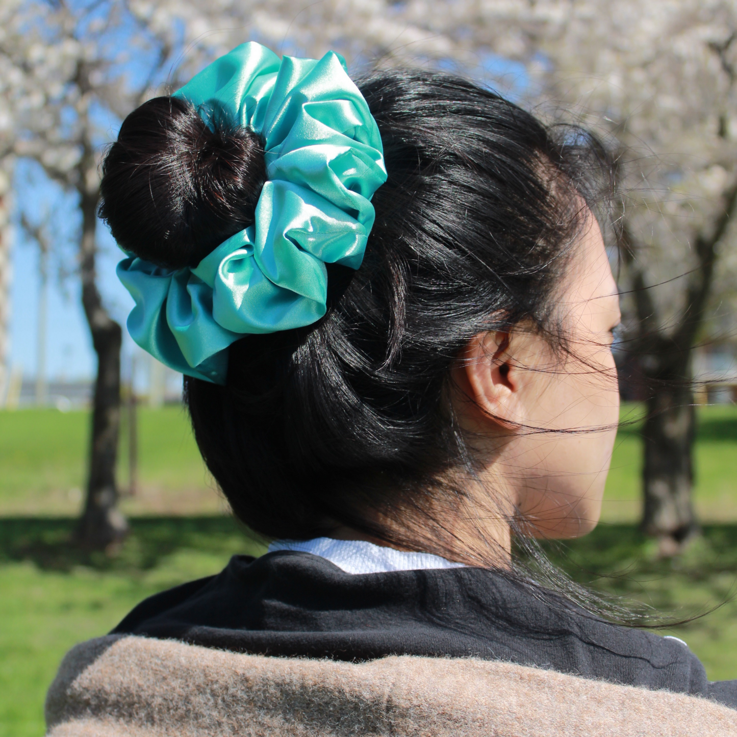 Aqua Blue Satin Scrunchie