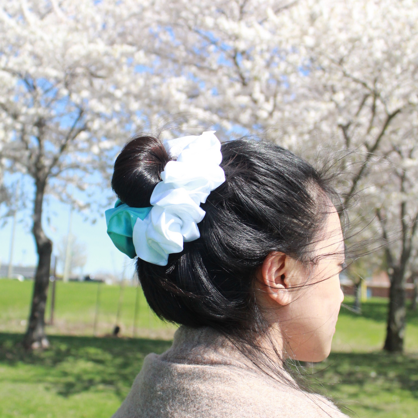 Aqua Blue + White Satin Scrunchie