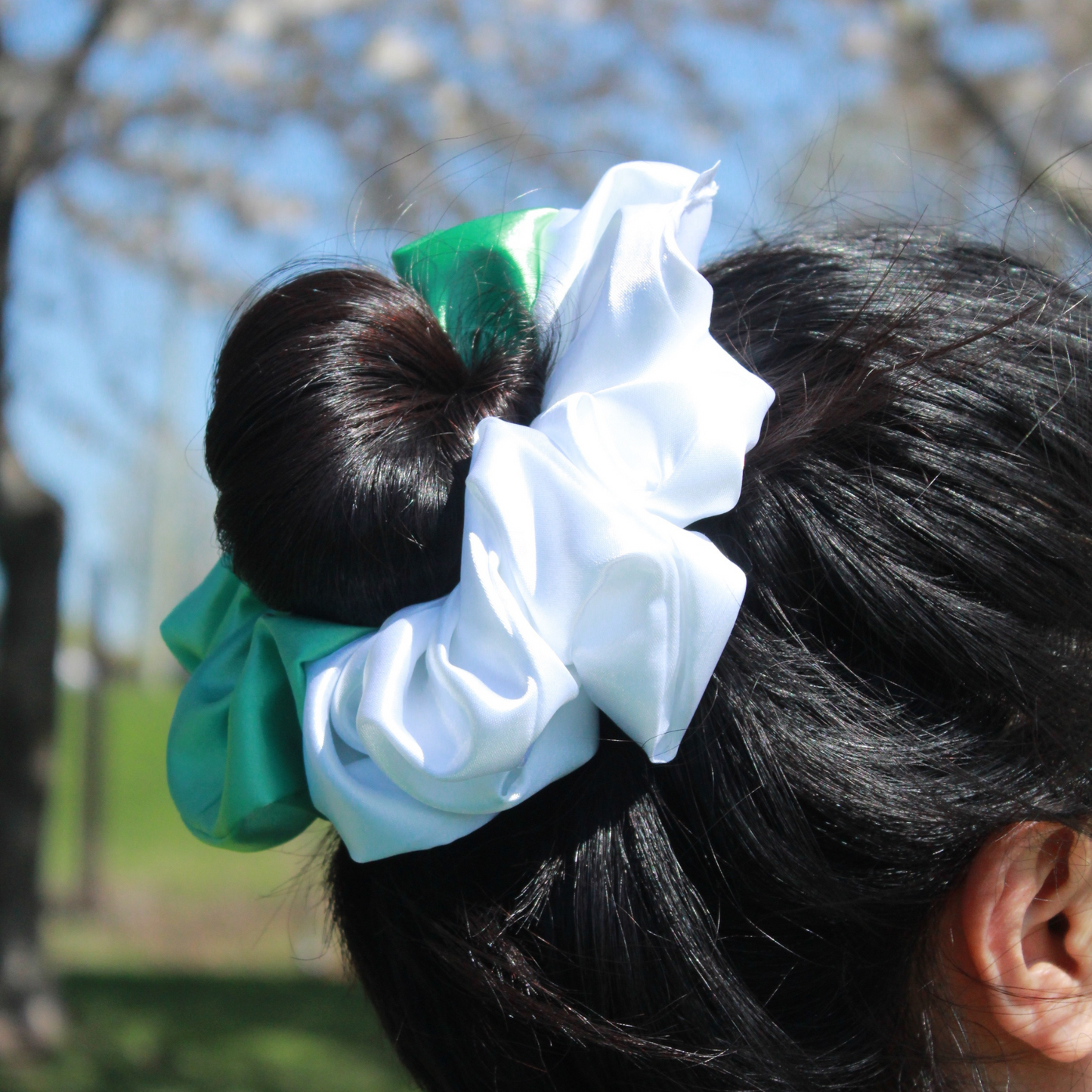 Aqua Green + White Satin Scrunchie