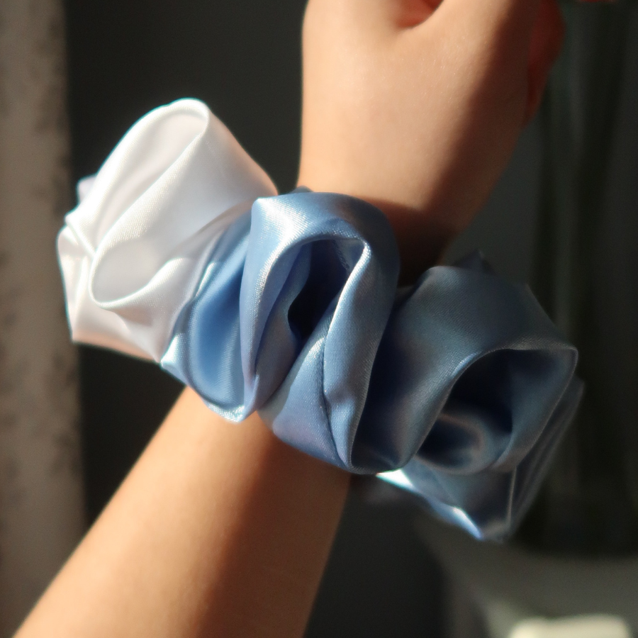 Light Blue + White Satin Scrunchie