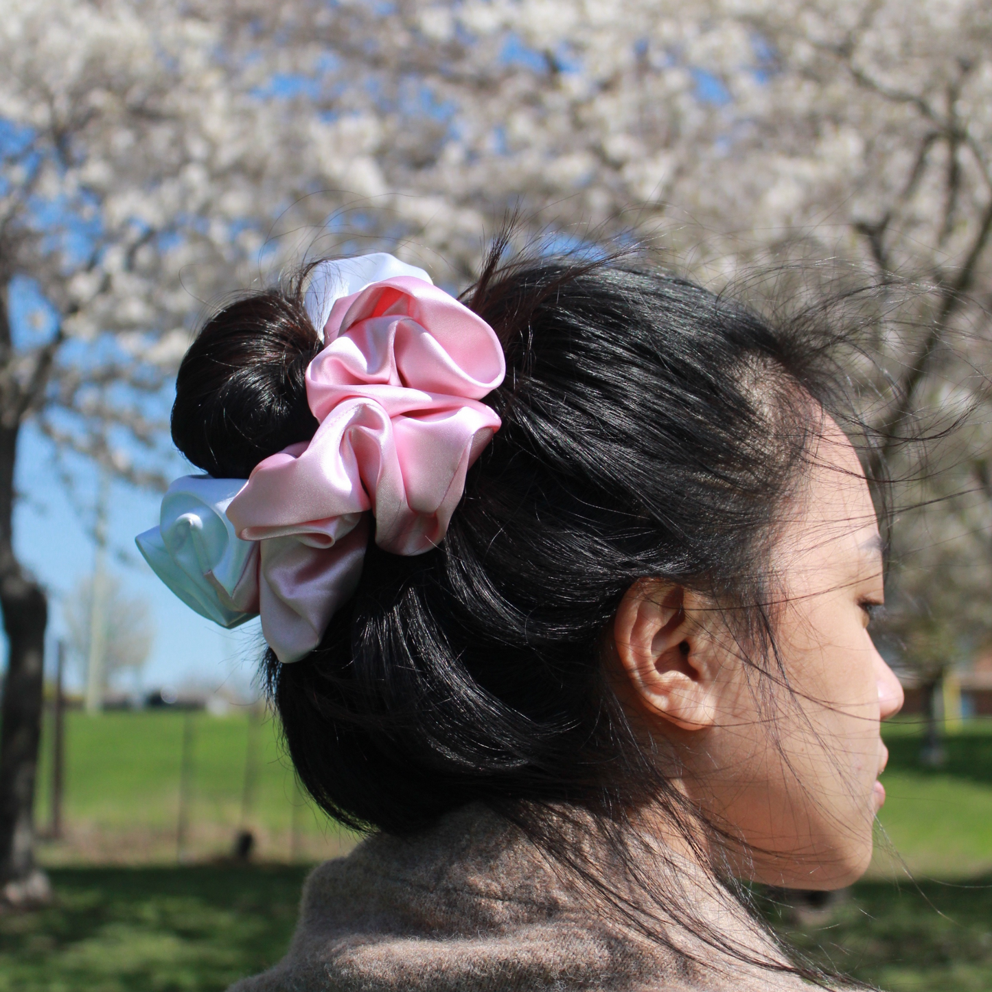 Light Pink + White Satin Scrunchie
